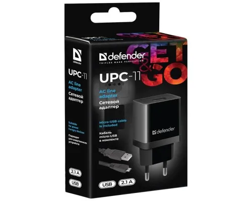 Зарядний пристрій Defender UPС-11 1xUSB,5V/2.1А, кабель micro-USB (83556)