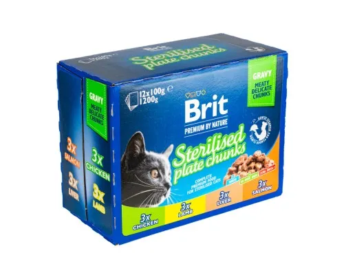 Вологий корм для кішок Brit Premium Сімейна тарілка для стерилізованих 4 смаки 100 г х 12 шт (8595602548514)