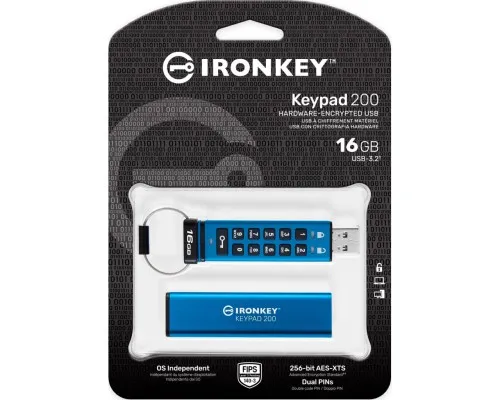 USB флеш накопитель Kingston 16GB IronKey Keypad 200 Blue USB 3.2 (IKKP200/16GB)