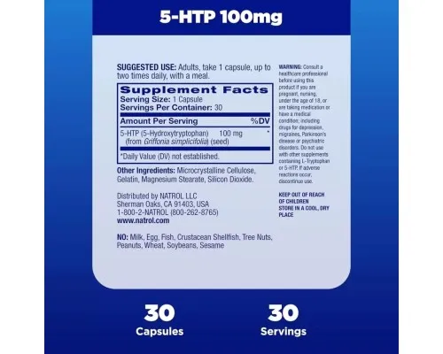 Аминокислота Natrol 5-HTP (Гидрокситриптофан), 100 мг, 5-HTP, 30 капсул (NTL04093)