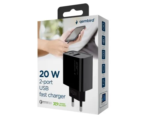 Зарядний пристрій Gembird 1xUSB-A + 1 Type-C (PD20Вт + QC3.0 18Вт) black (TA-UC-PDQC20-01-BK)