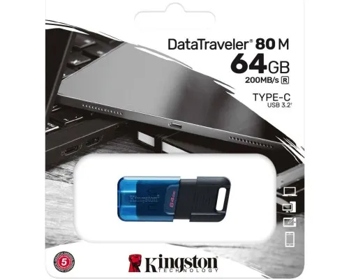 USB флеш накопичувач Kingston 64GB DataTraveler 80 M USB-C 3.2 Blue/Black (DT80M/64GB)