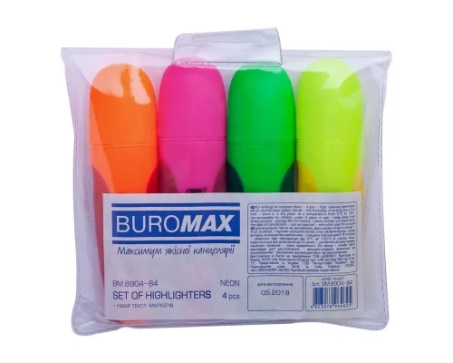 Маркер Buromax highlighter pen, NEON, chisel tip, SET 4 colors (BM.8904-84)