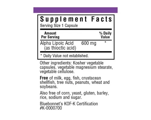Антиоксидант Bluebonnet Nutrition Альфа-ліпоєва кислота 600 мг, 30 рослинних капсул (BLB0855)