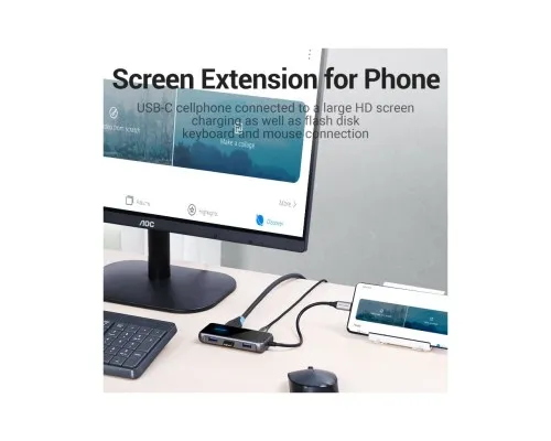 Концентратор Vention USB 3.1 Type-C to HDMI 4K60Hz/USB 3.0х3/RJ45/PD 87W 6-in-1 Mirrored Surface (TFFHB)