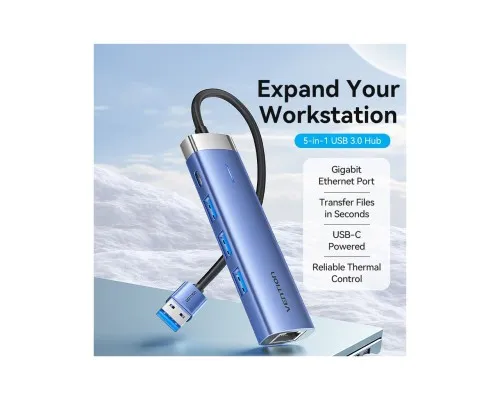 Концентратор Vention USB 3.0 to USB 3.0x3/RJ45/Type-C Hub Blue Aluminum Alloy 5-in-1 (TGFSB)