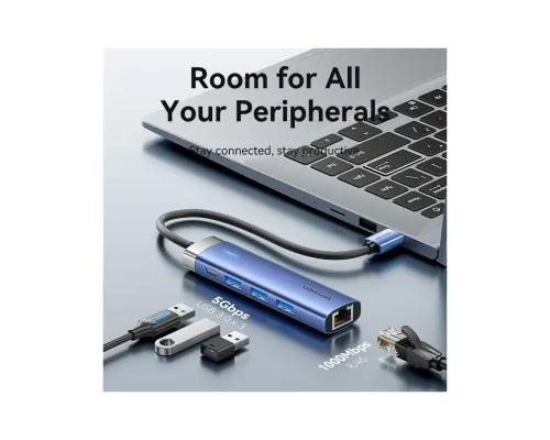 Концентратор Vention USB 3.0 to USB 3.0x3/RJ45/Type-C Hub Blue Aluminum Alloy 5-in-1 (TGFSB)