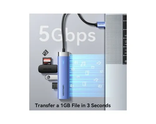 Концентратор Vention USB 3.0 to USB 3.0x3/RJ45/Type-C Hub Blue Aluminum Alloy 5-in-1 (TGFSB)