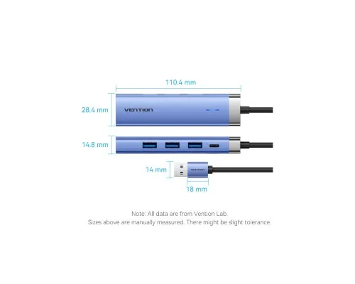 Концентратор Vention USB 3.0 to USB 3.0x3/RJ45/Type-C Hub Blue Aluminum Alloy 5-in-1 (TGFSB)