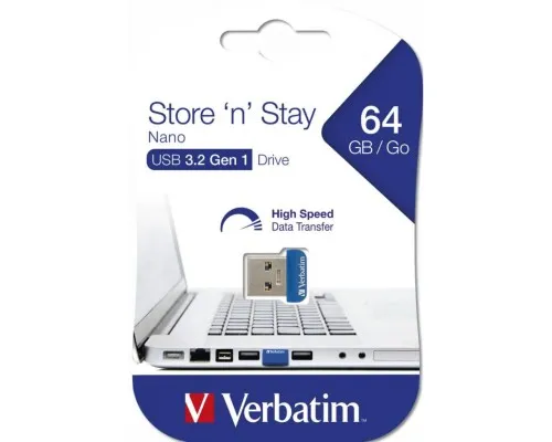 USB флеш накопитель Verbatim 64GB Store n Stay NANO Blue USB 3.0 (98711)