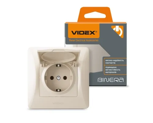 Розетка Videx BINERA 1ая с заземлением и крышкой кремова (VF-BNSK1GС-CR)