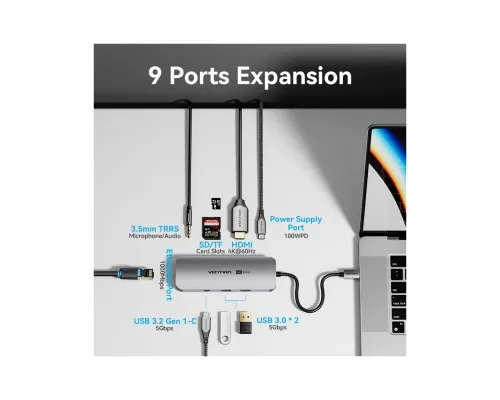 Концентратор Vention USB 3.1 Type-C to HDMI 4K60Hz/USB 3.0x2/RJ45/SD/TF/3.5mm/PD 100W Hub 9-in-1 (TQMHB)