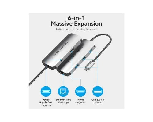 Концентратор Vention USB 3.1 Type-C to HDMI 4K60Hz/USB 3.0x3/RJ45/PD 100W 6-in-1 (TQHHB)