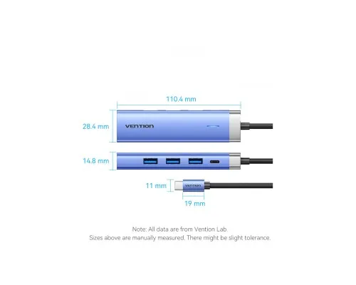 Концентратор Vention USB 3.1 Type-C to HDMI/USB 3.0x3/PD 100W Blue Aluminum Alloy Hub 5-in-1 (TGESB)