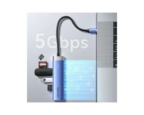 Концентратор Vention USB 3.1 Type-C to HDMI/USB 3.0x3/PD 100W Blue Aluminum Alloy Hub 5-in-1 (TGESB)