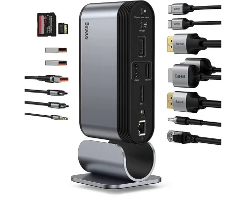 Концентратор Baseus USB3.2 Type-C to 2xHDMI/2xDP/2xUSB-C/3xUSB/RJ45/SD/TRRS 3.5mm/PD 100W + PA 16 in 1 (CAHUB-HG0G)