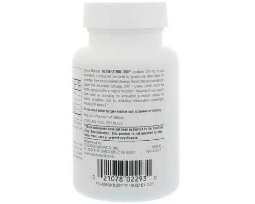 Антиоксидант Source Naturals Ресвератрол, Resveratrol, 200 мг, 60 таблеток (SN2293)