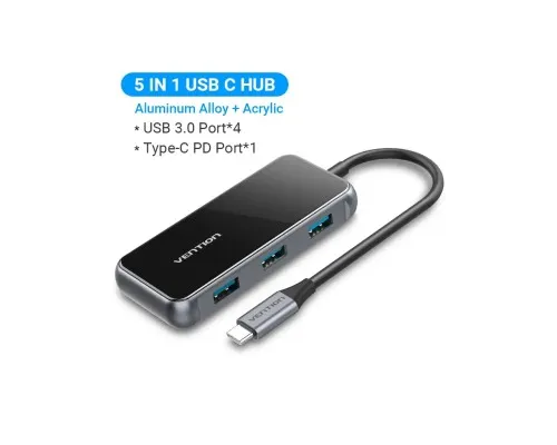 Концентратор Vention USB 3.1 Type-C to 4хUSB 3.0/PD 87W 5-in-1 Gray Mirrored Surface (TFDHB)