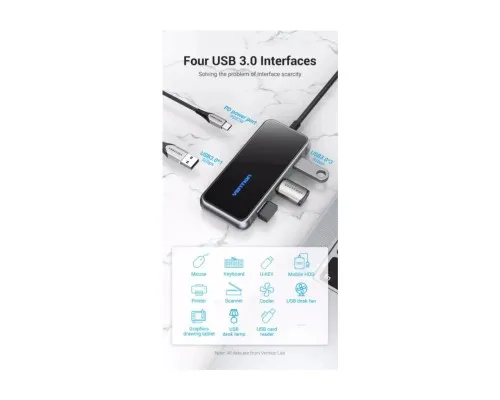 Концентратор Vention USB 3.1 Type-C to 4хUSB 3.0/PD 87W 5-in-1 Gray Mirrored Surface (TFDHB)