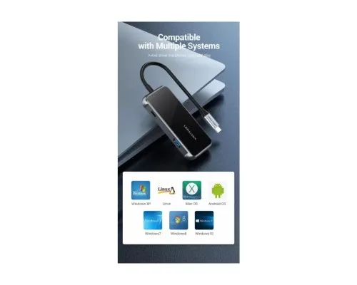 Концентратор Vention USB 3.1 Type-C to 4хUSB 3.0/PD 87W 5-in-1 Gray Mirrored Surface (TFDHB)