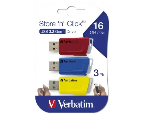 USB флеш накопичувач Verbatim 3x16GB Store n Click Red/Blue/Yellow USB 3.2 (49306)