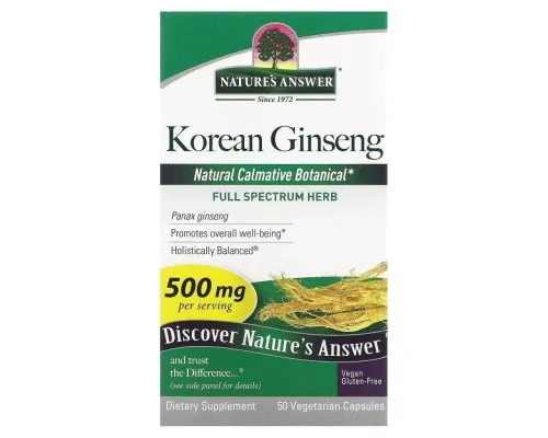 Трави Nature's Answer Корейський женьшень, 500 мг, Korean Ginseng, 50 вегетаріанських кан. (NTA-16234)