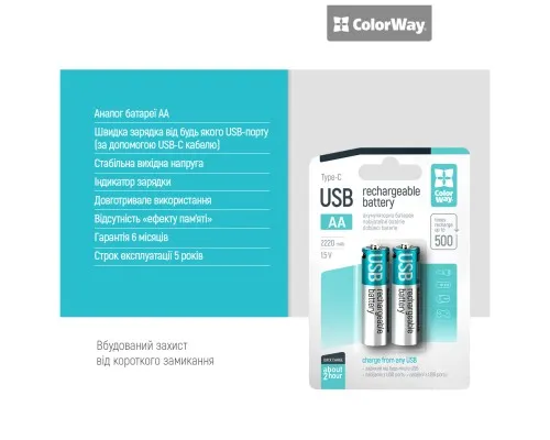 Аккумулятор ColorWay AA USB-С 2220 mAh 1.5V (2шт) (Li-Polymer) (CW-UBAA-10)