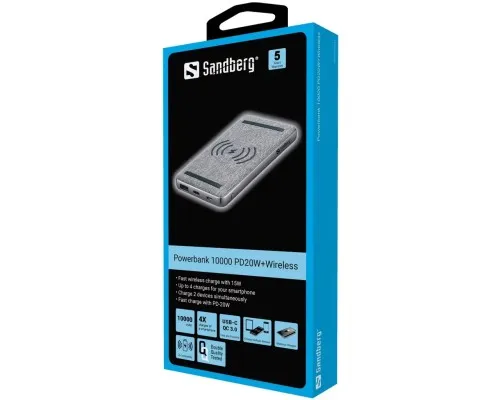 Батарея универсальная Sandberg 10000mAh, PD/20W,  Wireless QI 15W, QC3.0, USB-C, Micro-USB, USB-A (420-61)