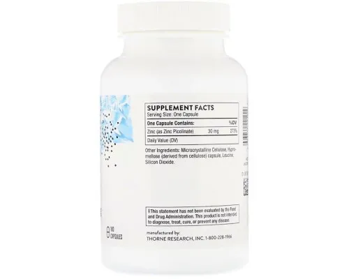 Мінерали Thorne Research Цинк Пиколинат, Zinc Picolinate, 30 mg, 180 капсул (THR-22102)