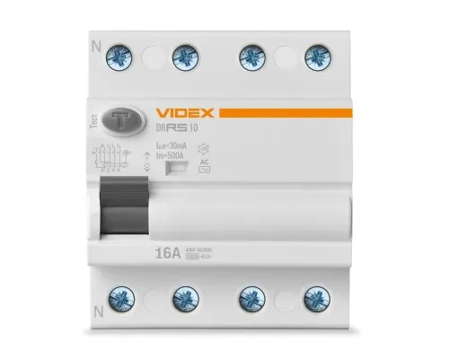 Дифференциальное реле (УЗО) Videx RESIST АС 4п 30мА 10кА 16А (VF-RS10-DR4AC16)