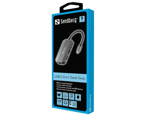 Концентратор Sandberg USB3.1 Type-C to HDMI/USB 3.0x2/RJ45/SD/TF/PD 100W 6in1 (136-33)