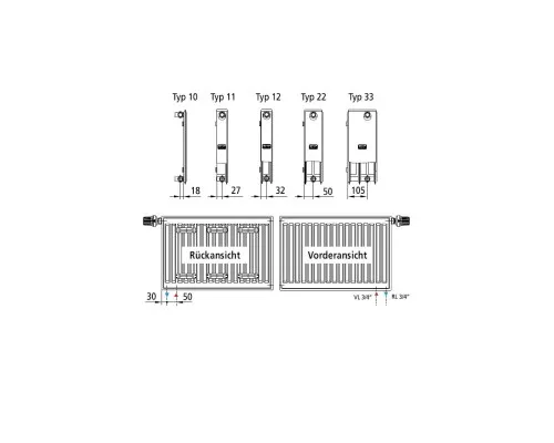 Радиатор отопления Kermi Therm-X2 Profil-V, FTV, 33 тип, 500x1800мм (FTV330501801R2Z)