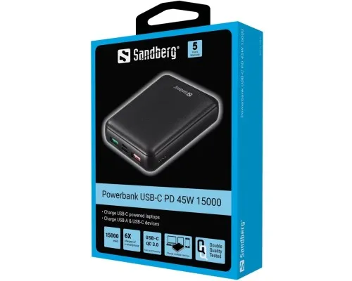 Батарея универсальная Sandberg 15000mAh, PD/45W(20V/2.25A), QC3.0, USB-C, Micro-USB, USB-A*2 (420-66)