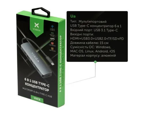 Концентратор Vinga USB Type-C 3.1 to HDMI+USB3.0+USB 2.0+SD/microSD+PD 6in1 (VHC6)