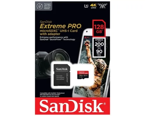 Карта памяти SanDisk 128 GB microSDXC UHS-I U3 Extreme Pro+SD Adapter (SDSQXCD-128G-GN6MA)