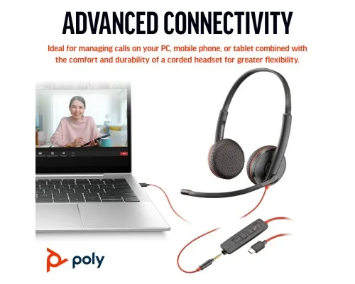 Наушники Poly BlackWire C3225 USB-C HS Stereo +3.5mm Plug +USB-C/A Adapter (Bulk) Black (8X229A6)