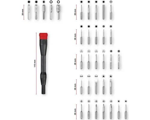 Набор бит Einhell 33шт,HEX, PH, RIBE, SL, Spline, Torx, 28мм, кейс (115010)