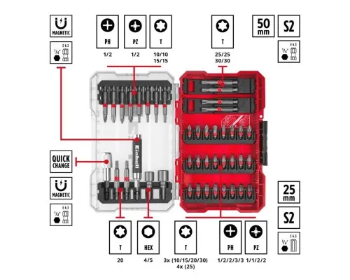 Набір біт Einhell 42шт, HEX, PH, PZ, Torx, 50мм, кейс (118953)
