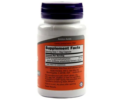 Аминокислота Now Foods 5-HTP (Гидрокситриптофан), 50 мг, 30 вегетарианских капсул (NOW-00097)