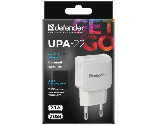 Зарядний пристрій Defender UPA-22 white, 2xUSB, 2.1A (83580)