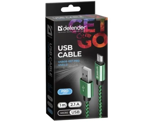 Дата кабель USB 2.0 AM to Micro 5P 1.0m USB08-03T green Defender (87804)