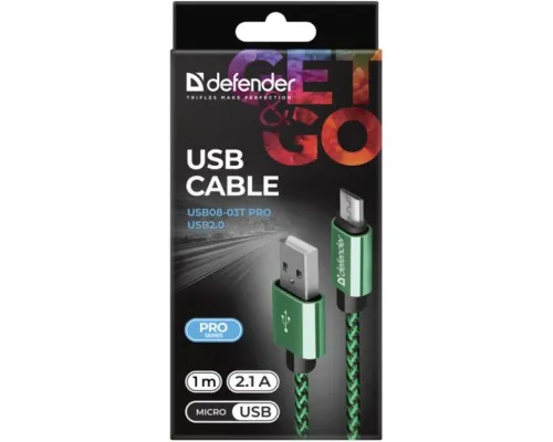 Дата кабель USB 2.0 AM to Micro 5P 1.0m USB08-03T green Defender (87804)