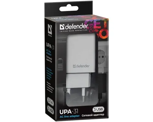 Зарядний пристрій Defender UPA-31 white, 3xUSB, 5V / 3.1A (83587)
