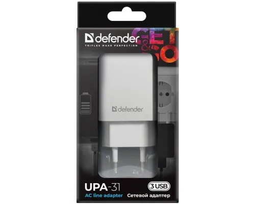 Зарядний пристрій Defender UPA-31 white, 3xUSB, 5V / 3.1A (83587)