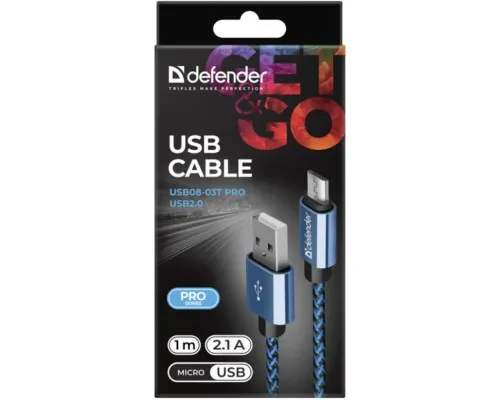 Дата кабель USB 2.0 AM to Micro 5P 1.0m USB08-03T blue Defender (87805)
