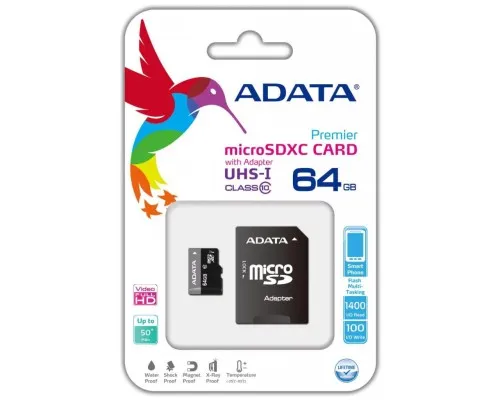 Карта памяті ADATA 64GB microSD class 10 UHS-I (AUSDX64GUICL10-RA1)