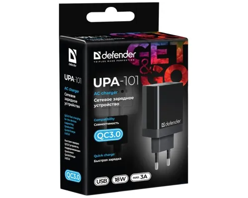 Зарядное устройство Defender UPA-101 black, 1 USB, QC 3.0, 18W (83573)