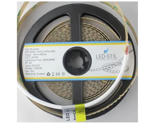 Светодиодная лента LED-STIL 3000K 18 Вт/м 2835 192 діода IP33 24 Вольта 2600 lm тепле світло (DFP2835-192C3-IP33-24V)