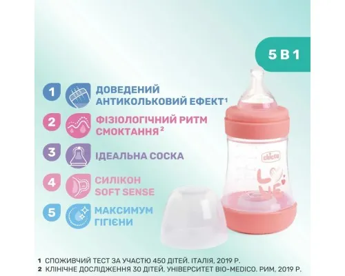 Бутылочка для кормления Chicco Perfect 5 Love с силиконовой соской 0+ мес. 150 мл Розовая (20211.11.40)