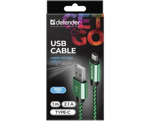 Дата кабель USB 2.0 AM to Type-C 1.0m USB09-03T PRO green Defender (87816)